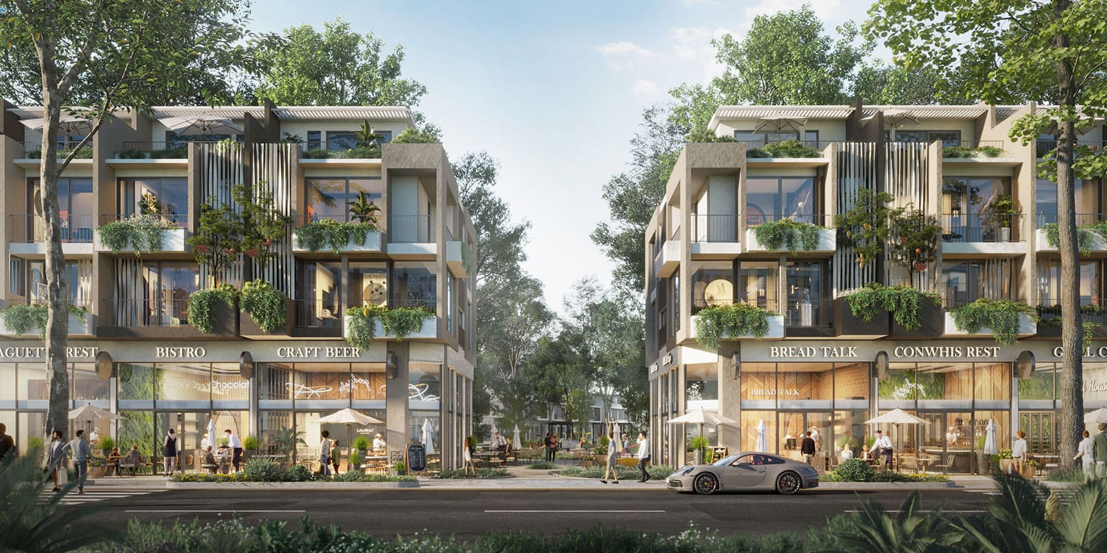 Mặt trước những căn Shophouse Boulevard tiếp giáp đại lộ Boulevard đáp ứng trọn vẹn nhu cầu kinh doanh của khách thuê.
