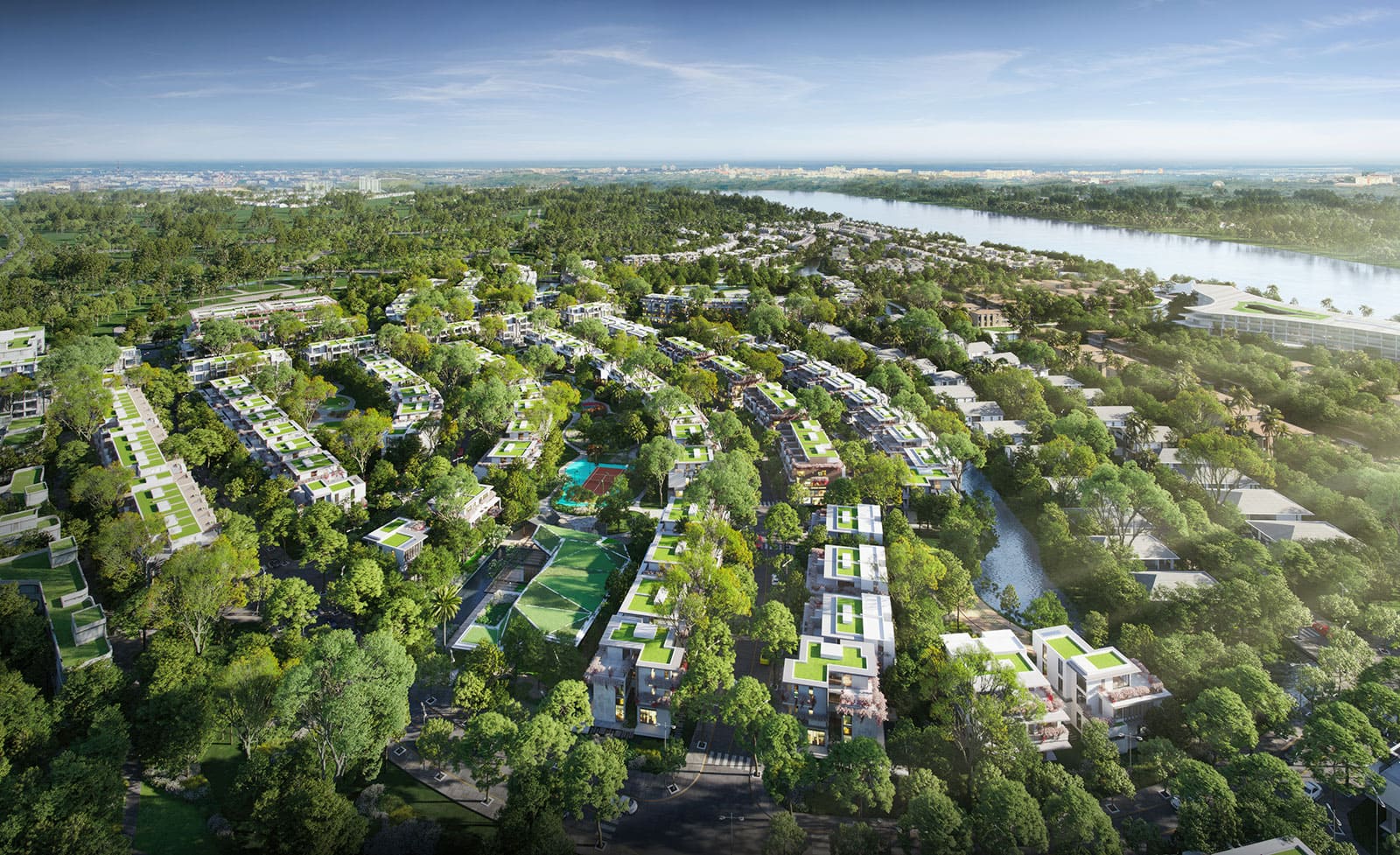 Những ngôi nhà phố, biệt thự Blue Forest được ôm ấp bởi những mảng xanh từ 7 tầng thiên nhiên.
