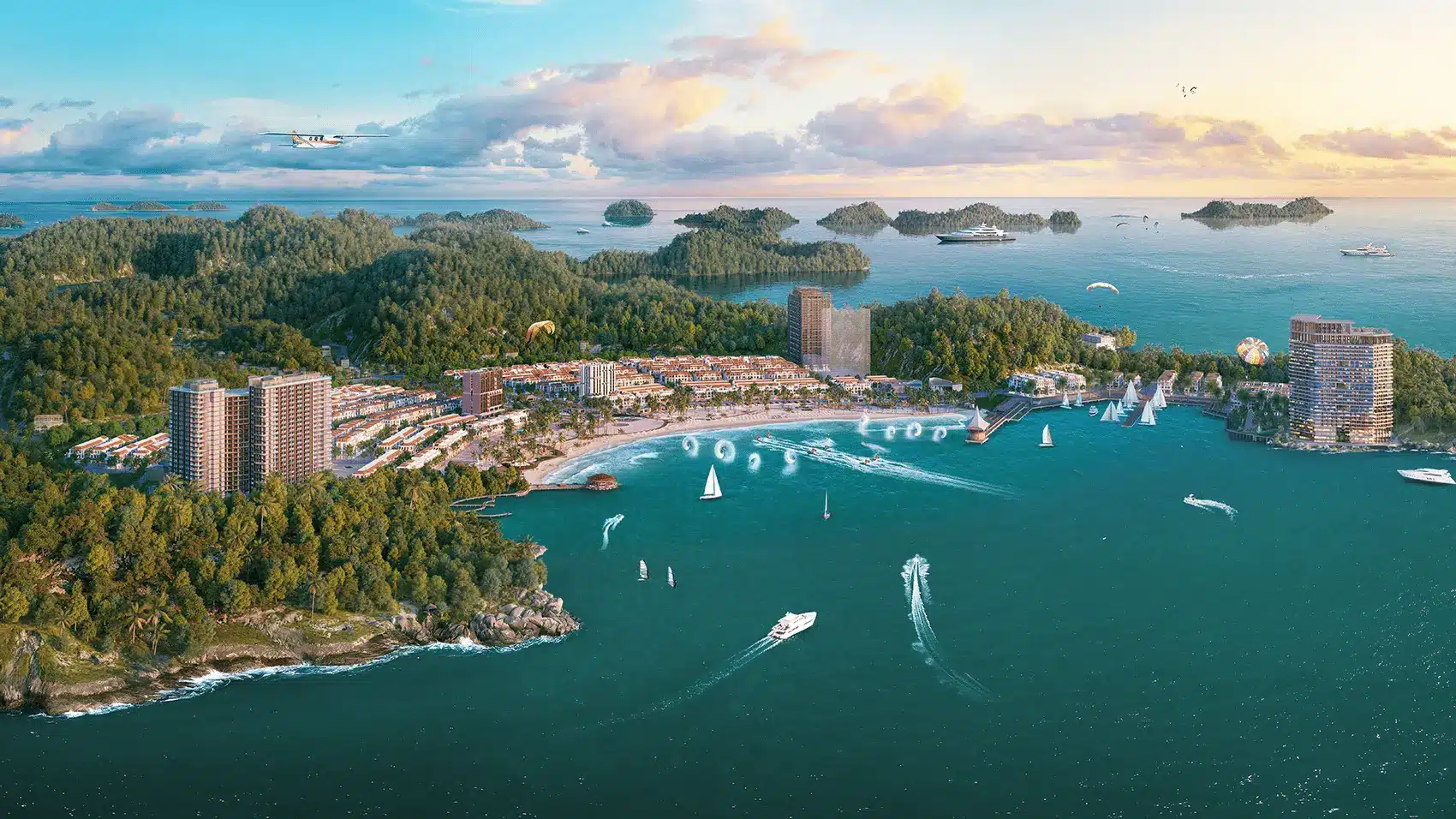 Toàn cảnh dự án Xanh Island Cát Bà với quy mô 50 ha, tích hợp dịch vụ du lịch và thương mại cao cấp tại vịnh trung tâm Cát Bà.