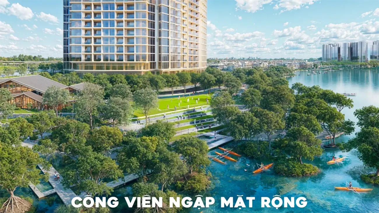 Công viên xanh với lối đi bộ và nhiều tiện ích dưới bóng cây mát mẻ.
